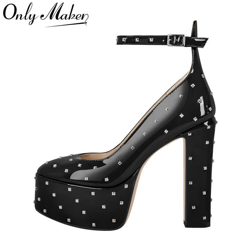 OnlyMaker Women Mary-Jane Platforma Pumps Čierne čierne robustné vysoké podpätky členkový remienok Dress Party