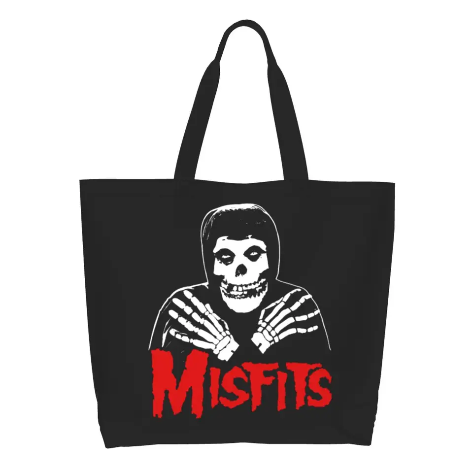 Opakovane použiteľný ťažký kov Misfits Skull nákupné tašky Ženy plátno rameno tote taška odolná horor Punk potraviny nakupujúce tašky