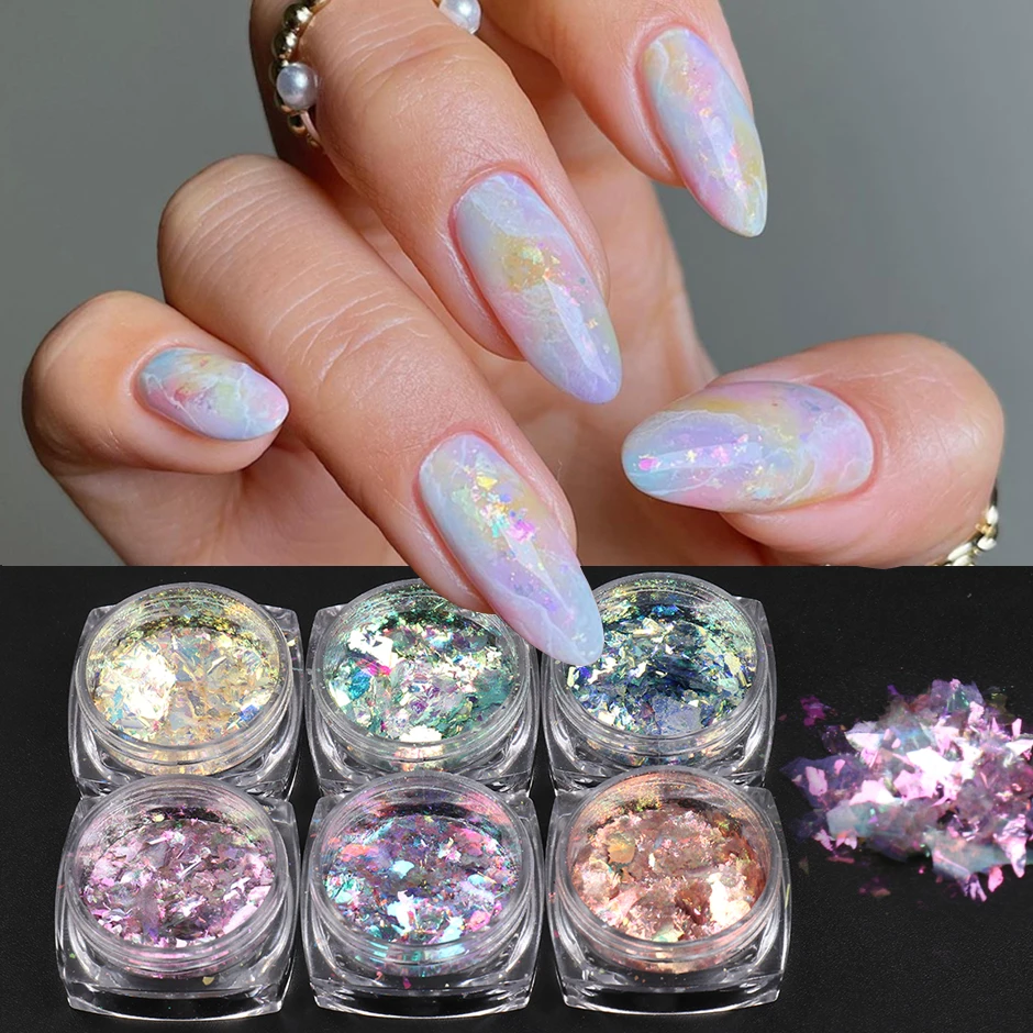 Opal Iridescent vločky nechtové flitre Matka perlového škrupiny kryštál trblietavý kúsok nechtov na nechty dekorácia Zimná manikúra Sayhf