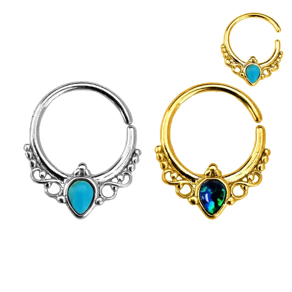 Opal tyrkysové kamenné nosné dierky cvok cz otvorené nosné prstene Daith Conch Helix Hoop náušnice 316 l Surgical Steel 16g