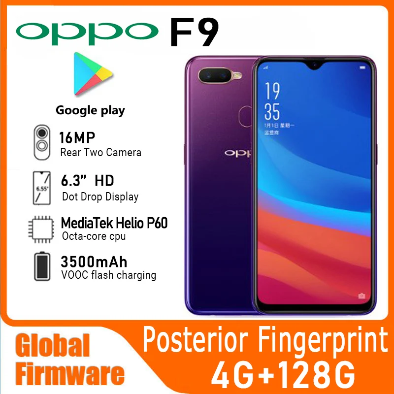 OPPO F9 Smartphone Globálny firmvér 6.3-palcový 4 GB 128 GB Osem jadrových procesorov CPU MediaTek Helio P60 Verzia Android 8.1 Použitý telefón