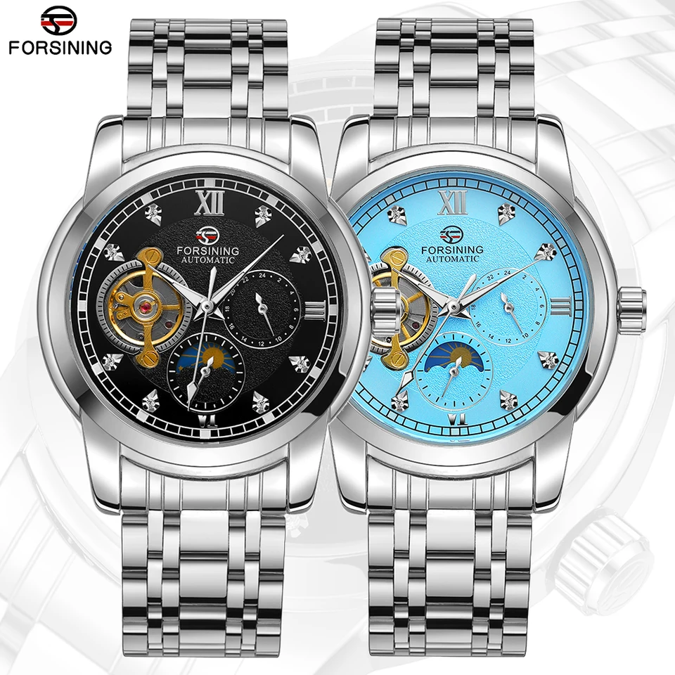 Oprávnenie automatických mechanických hodiniek Pánske módne luxusné obchodné kovové remienok Tourbillon Luminous Artificial Diamond Wristwatch