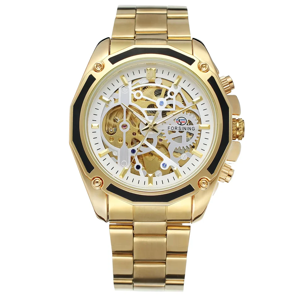 Opúšťanie mužských mechanických hodiniek Perforované mechanické hodinky Casy Fashion Style Steel Band Watch Black and Gold Watch