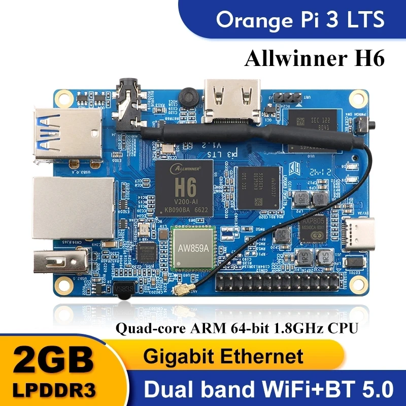 Orange Pi 3 LTS 2G8G EMMC s HDMI+WiFi+BT5.0, Allwinner H6 SOC, počítač s otvoreným zdrojovým doskou, Run Android 9.0/ Ubuntu/ Debian OS