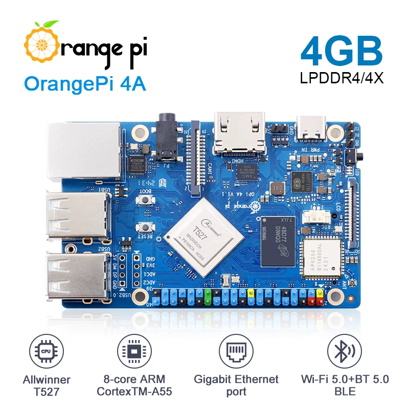 Orange Pi 4a 4 GB RAM Allwinner Mini PC Wifi+BT5.0 BLE M2 NVME SSD 2TOP NPU Single Board Run Ubuntu Debian Android13 OS