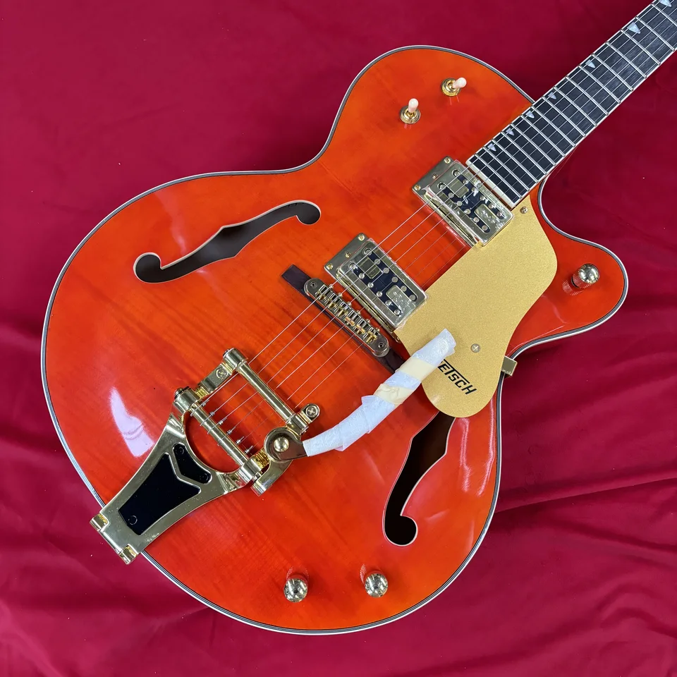 Oranžová 6-strunová elektrická gitara, duté telo, zlaté príslušenstvo, panel so vzorom Tiger, Guitar s dovolenkami, Guitarra kvality zvuku