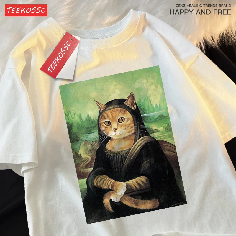 Oranžová mačka paródie Mona Lisa pánske tričká Hip Hop Hop Hop Breat Tee Clothes Módne kvalita Tops OK NECK Letné tričká Pár