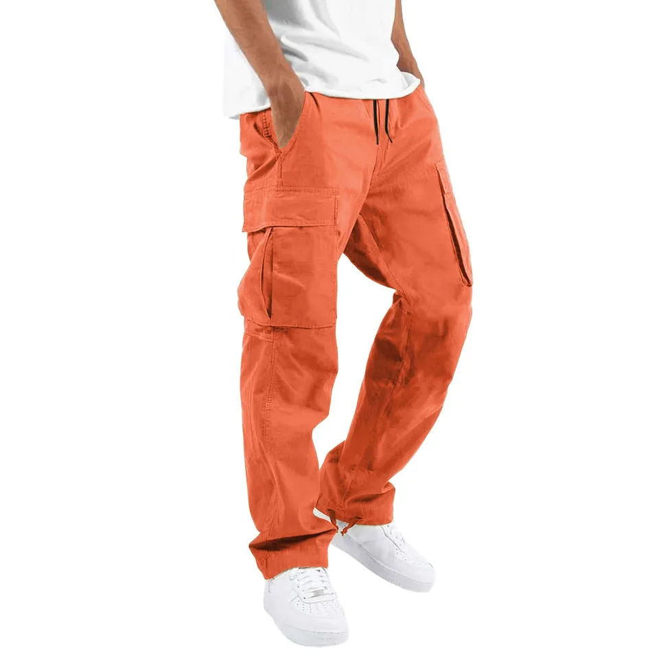 Oranžové nákladné nohavice Men Streetwear Príležitostne vysoký pás Solid Color Športové nohavice Multi vrecká jogging hip hop nákladné nohavice muži