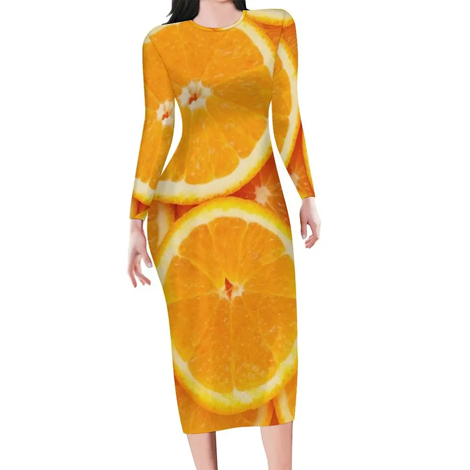 Oranžové plátky šaty s dlhým rukávom čerstvé pomaranče tlačia sexy šaty jesenná žena streetwear vzory coadcon šaty veľkú veľkosť