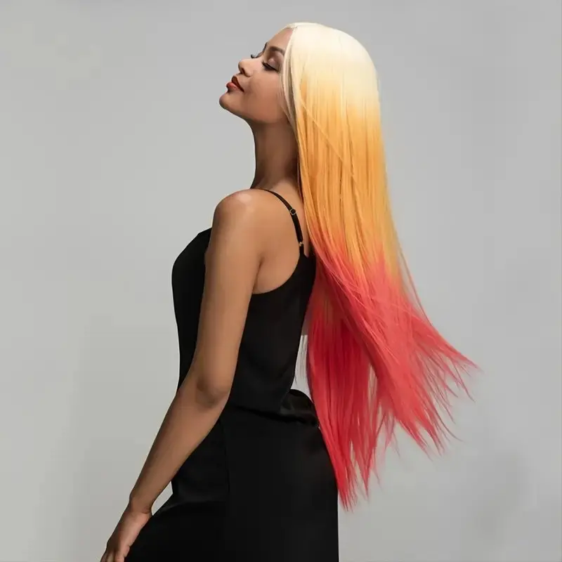 Oranžové víno červené biele gradient Farba parochňa Farba dlhé rovné vlasy syntetické parochne s tepelne odolnou prírodnou syntetickou parochňou 32 palcov