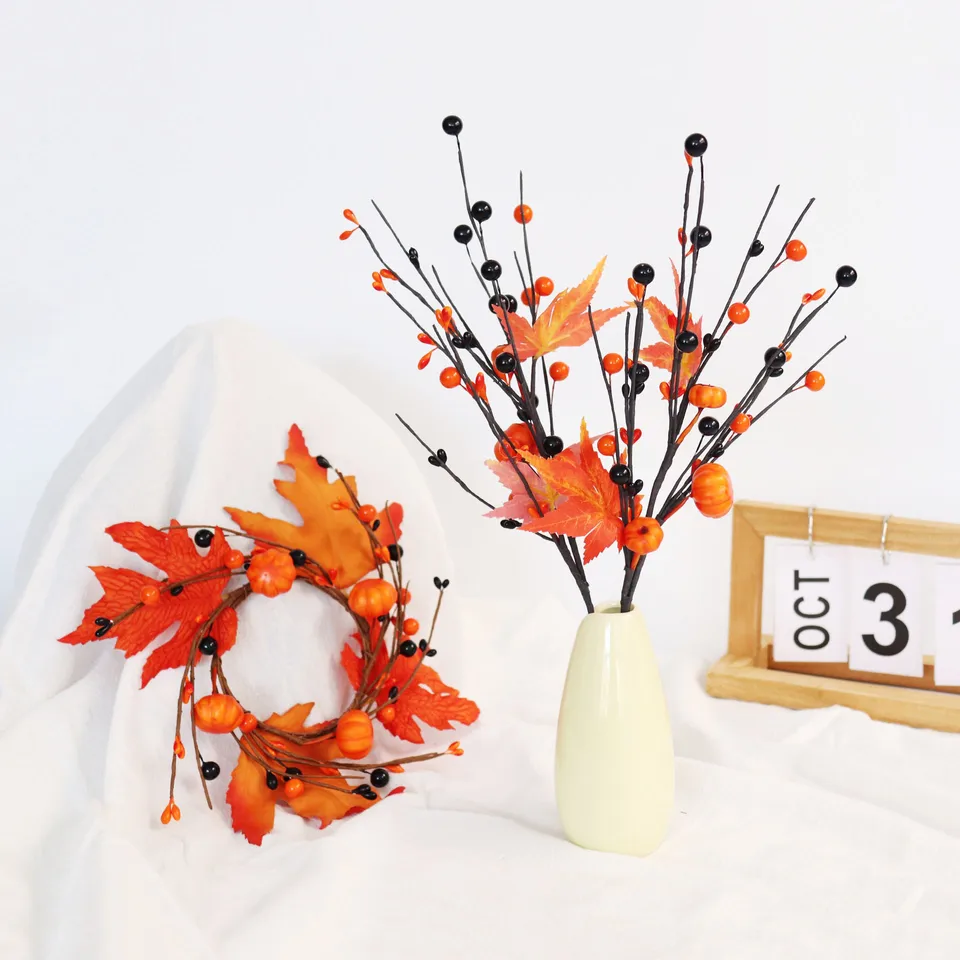 Oranžové čierne bobule tekvica vetvy bobule penový drôt tyč Halloween tekvica javor lista ovocie falošné kvety na večierok