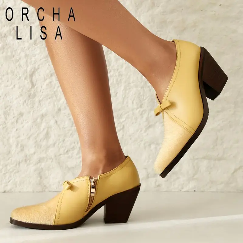 Orcha Lisa Design Women Pumps Square Toe Toe Chunky päta 7 cm čipka Zmiešaná spojka Bowknot Veľká veľkosť 47 48 Príležitostné brologické topánky