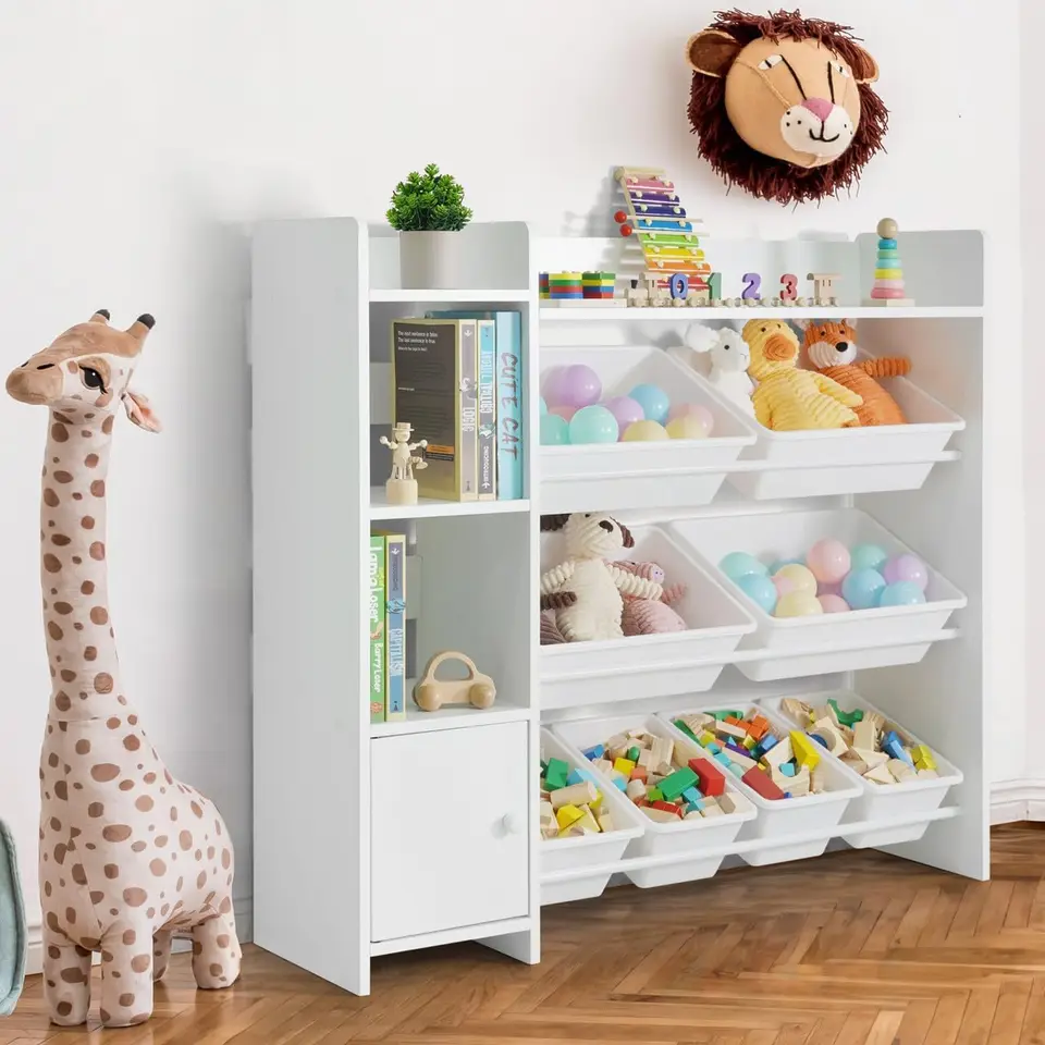 Organizátor hračiek s 8 bielymi plastovými zásobníkmi, úložnou skrinkou pre špinavé predmety alebo knihy, perfektné riešenie ukladania hračiek, pre TOD