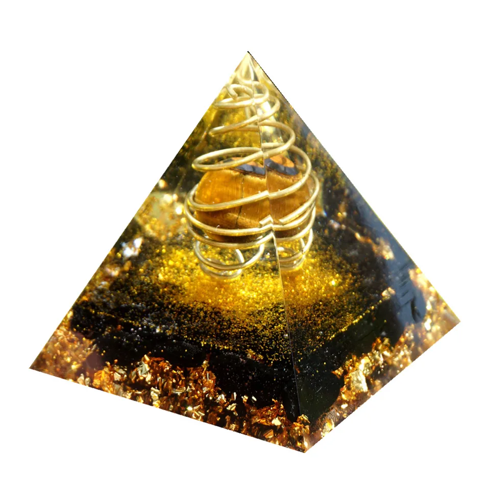 Orgone pyramídová tigerová očná sféra okolo v Copper Circle Whirlwind s čierny