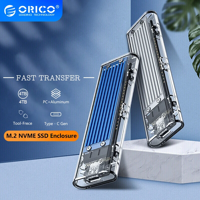 ORICO M2 SSD CASE NVME SSD CONSORSURE M.2 na typ C Transparentný kryt pevného disku pre NVME PCIE NGFF SATA M KEY SSD DISK TCM2