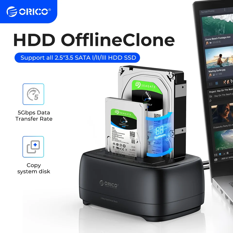 ORICO OFFLINNÁ KLONOVÁ DODÁVAJÚCA DOPISKÁ STATION USB3.0 A TYPE C 5 GBPS DUAL-BAY TREP DISK KAPSURSURE 2,5/3,5 palca HDD/SSD