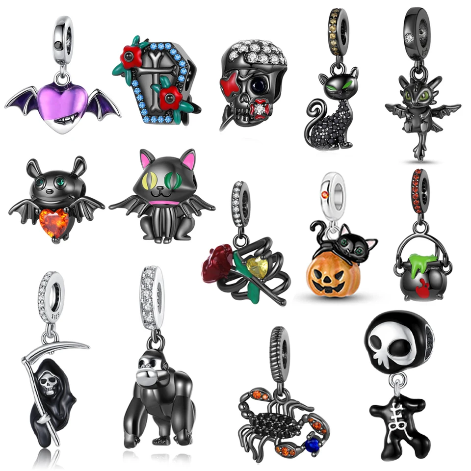 Original 925 Sterling Silver Black Plating Dragon Bat Grim Reaper Halloween Dangle Charm Fit Original náramok DIY Darček
