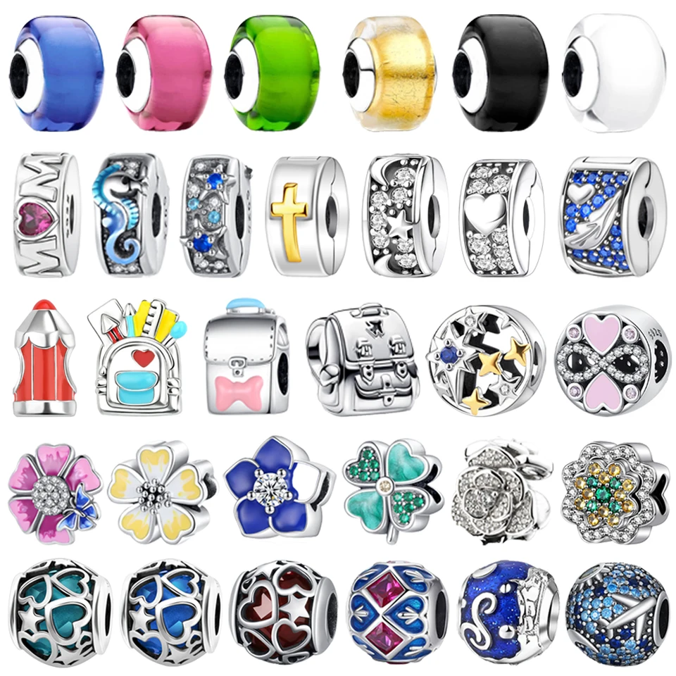Original 925 Sterling Silver Murano Glass Speelery Bezpečnosť spona Star Schoolback kvetí ďatelové korálky pre náramok Pandora