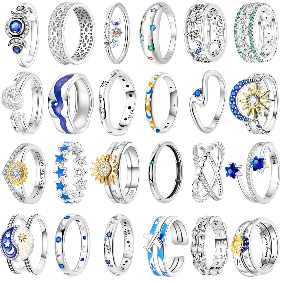 Original 925 Sterling Silver Ring Sun Moon Star Airplane Clover Sunflower for Girls