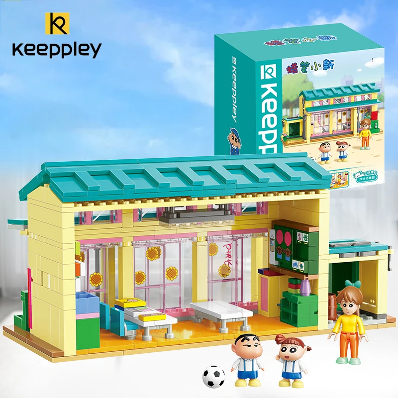 Original KeepPey Crayon Shin-chan Building Block Block Block Block Double Leaf Materská škola scéna Anime dekorácie Model Zhromaždenie detských hračiek