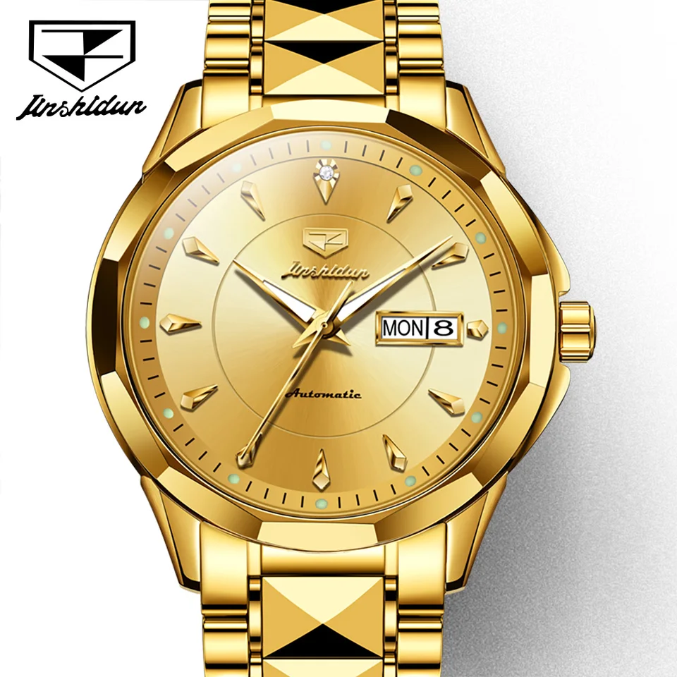 Originál JSDUN Pánske automatické hodinky Tungsten oceľový remienok Japan Japan Movement Automatické dátum zlaté obchodné mechanické náramkové hodinky pre mužov