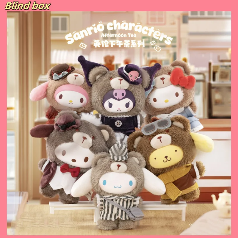 Originálna rodina Sanrio British Popoludňajšie čajové série slepá box vinyl plyšová bábika kuromi ahoj mačiatko