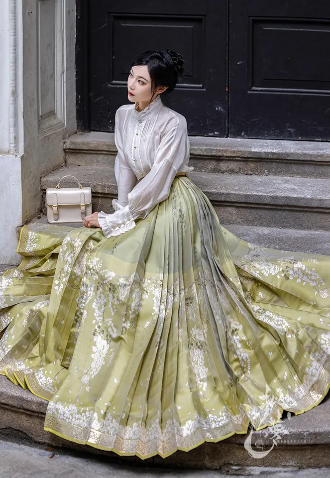 Originálna sukňa v líčení koní do práce, ktorá nosí svetlo zelené dochádzanie denne Hanfu Sedem párov skladanej jari.chinese hanfu