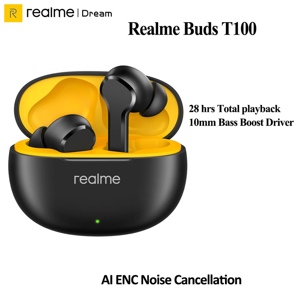 Originálna čínska verzia Realme Buds T100 TWS Bluetooth 5.3 AI Entrure Wireless Slúchadlá dlhá životnosť batérie IPX5 Vodotesný SPO
