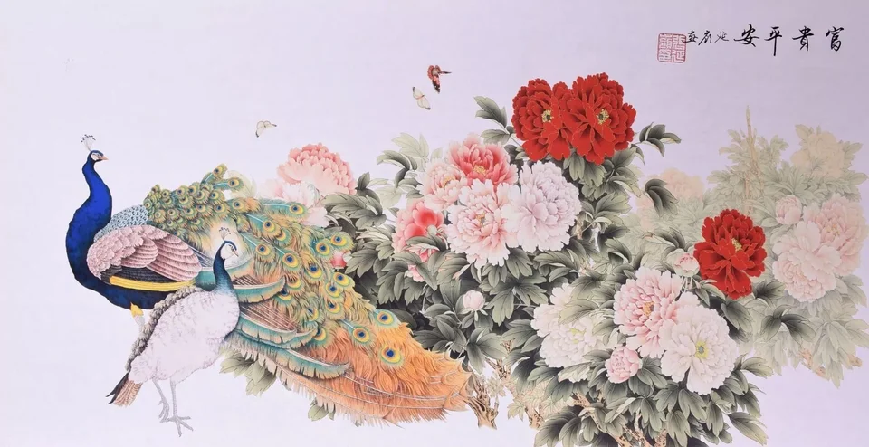 Originálne ázijské umenie čínska figúrka maľba Páv a pivonka Art Picture Tlač hodvábnej plagátu obývacia izba dekorácia Domáca múr