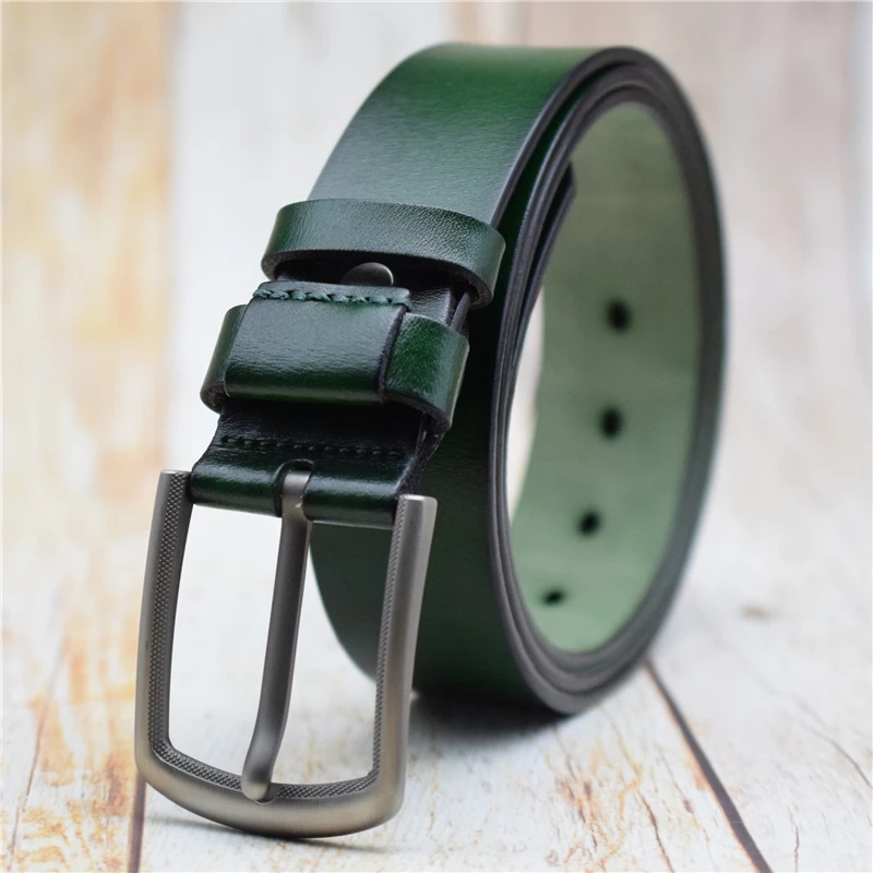 Originálny kožený opasok Muž modrý/greem/káva/káva/čierny vysokokvalitný opasok Vintage Men Belt Slávny popruh 100-130 cm
