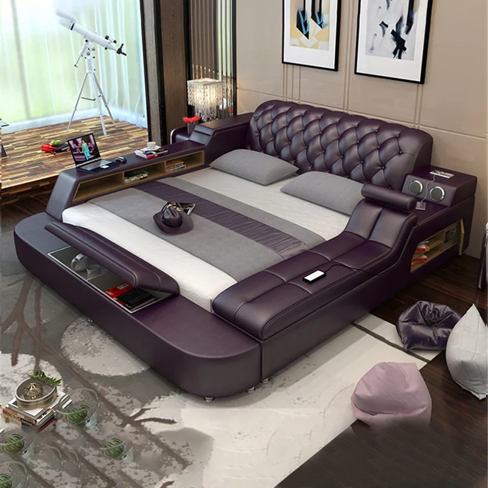 Originálny kožený rám postele Mäsové postele Massager Storage Bezpečný reproduktor LED LEGE Spálňa Cama Muebles de Dormitorio / Camas Quarto