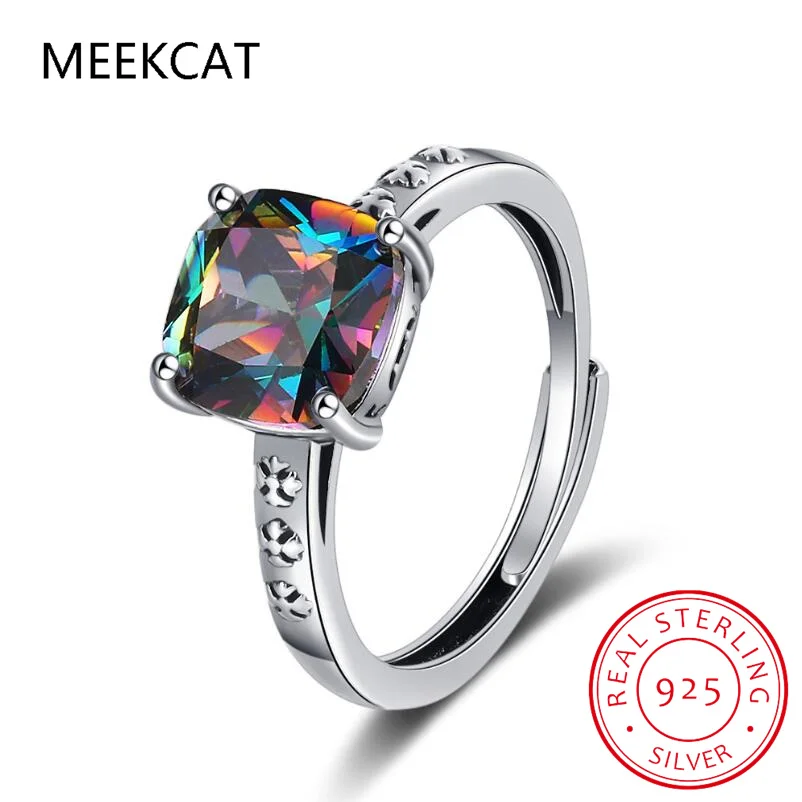 Originálny Natual Square Rainbow Fire Mystic Quartz Solid 925 Sterling Silver Ring for Women Fashion Vintage šperky