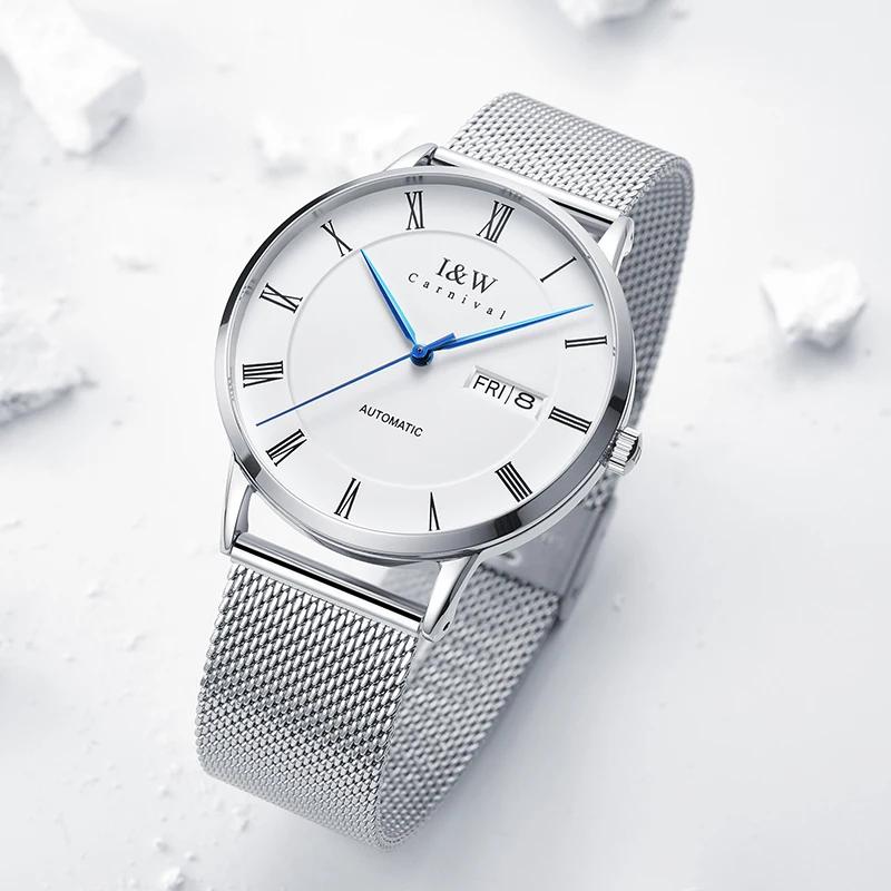 Originálny pohyčný pohyb Seiko Automatické hodinky pre mužov Luxus I & W Ultrathin Mechanické hodinky Sapphire Mesh Band Double Calendar Reloj