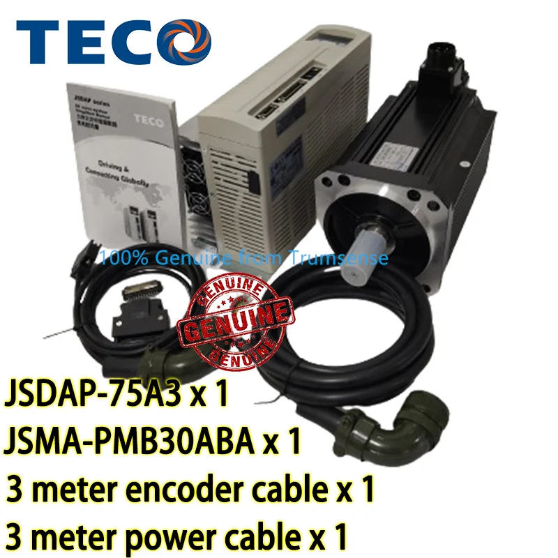 Originálny TECO 3 PH AC 200V 3KW SERVO Drive JSDAP-75A3 a 3KW IP67 2000 RPM Stredný zotrvačník Servo Motor JSMA-PMB30ABA s káblom