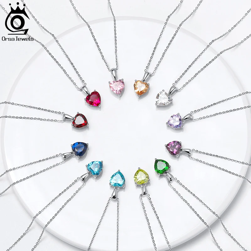 Orsa Jewels 925 Striebro Dainty Heart 12 Colors Mesačný kameň prívesok Náhrdelník pre ženy Lucky Cz Náhrdelné šperky Darčeky APN02