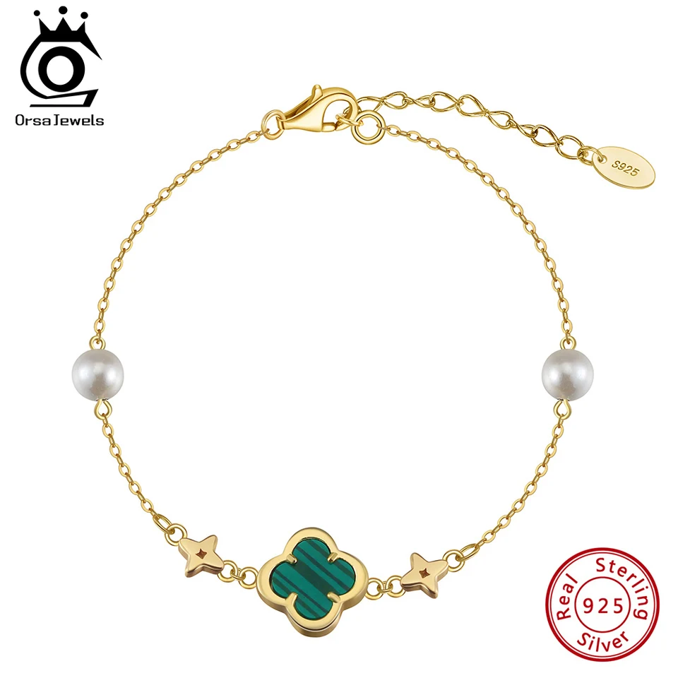Orsa Jewels Four Leaf Clover Shell náramok s malachitom pre ženy luxusný náramok S925 Sterling Silver Jewelry Gmb69