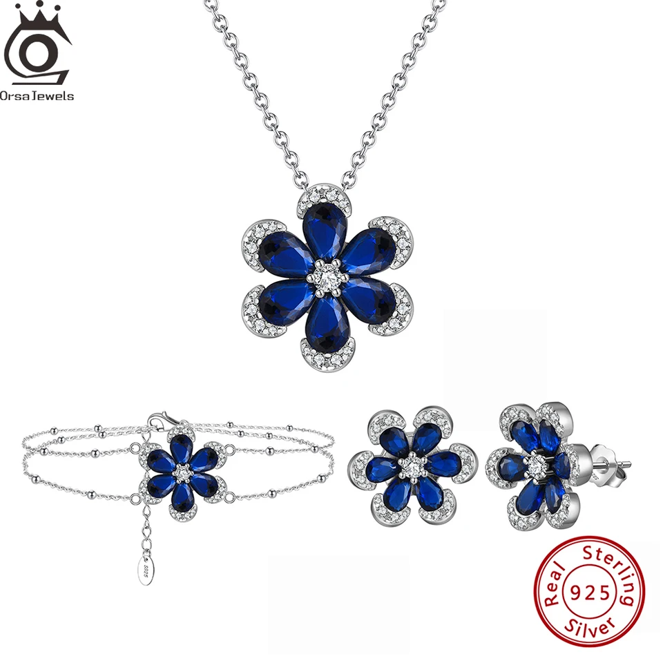 Orsa Jewels modrý zafírový šperk set 925 Striebro kvetový tvar číry kubický zirkónový reťaz náhrdelníkových náramkových náušníc LZB03