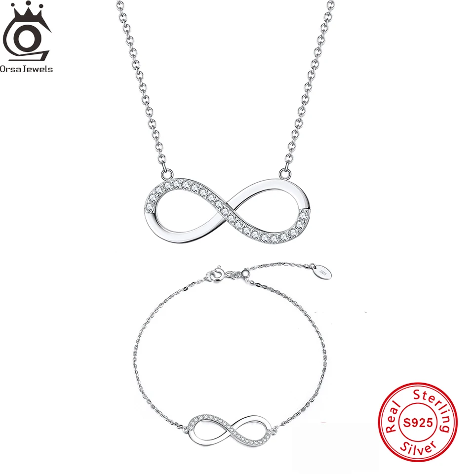 Orsa Jewels Soild 925 Sterling Silver Infinity Náramok náhrdelníka s kubickým zirkónia reťazou Láska Infinite šperky set darček SB54