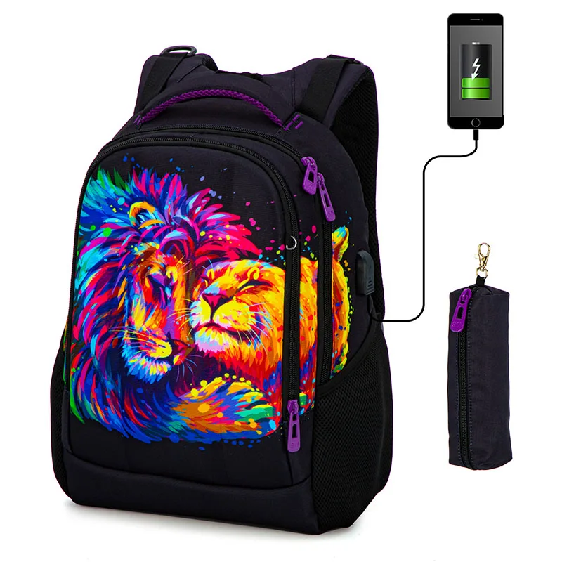 Ortopedická školská taška pre dievčatá 3D Tiger Animal Prints Batohy USB nabíjanie multifunkčných tanečníkov tínedžerov Bookbag Mochilas