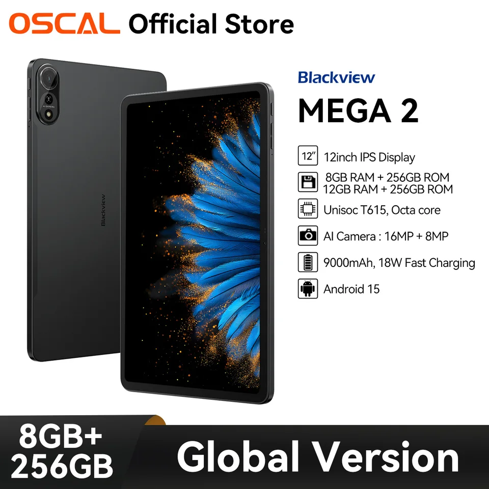 Oscal BlackView Mega 2 Tablet, 12 '' 2K Display 9000MAH, 8 GB alebo 12 GB RAM 256 GB ROM, 16 MP zadná AI fotoaparát, UNISOC T615 Android 15 PC