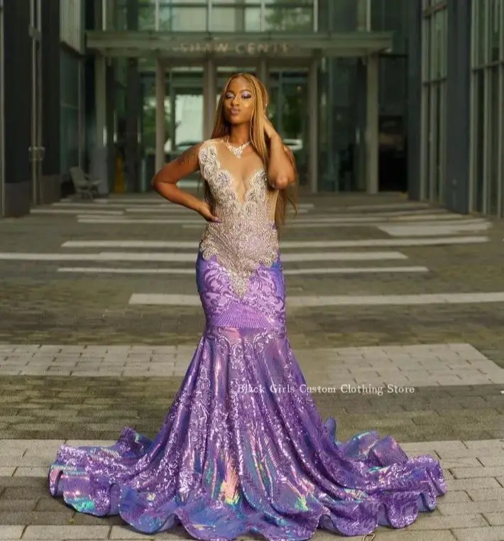 Oslnivé fialové guľové šaty prom šaty 2024 Elegantné krištáľové korálky Africké ženy červené koberce šaty elegantné dámske párty šaty