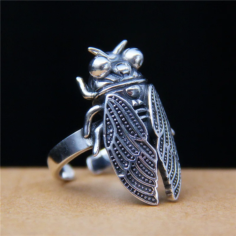 Osobnosť strieborná plôšna x krúžky Vintage nastaviteľný prsteň prsteň Cicada Rings for Men