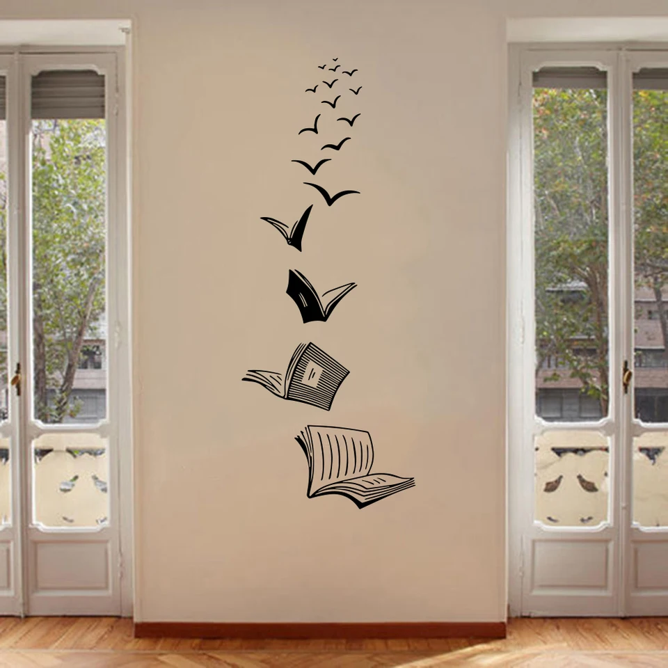 Otvorená kniha Fly Birds Wall Sticker Library Knižnica Čítanie knihy Štúdium zvieracie stena obtisky Školská spálňa Vinyl Home Decor Decor