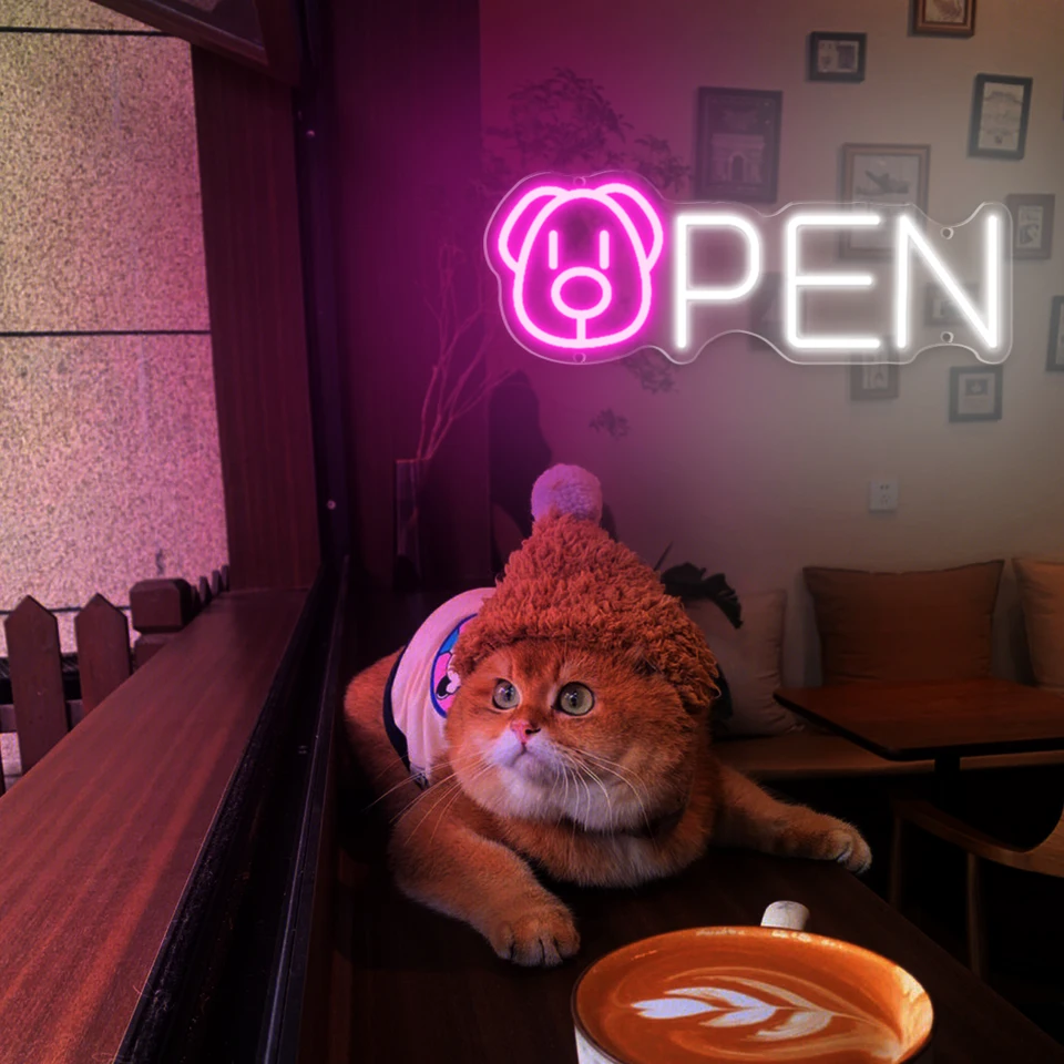 Otvorené neónové podpisy LED podpisy pre domáce zvieratá Cat Cafes Pet Hospital Pet Advertising for Business Shop Decoration Decoration Lights