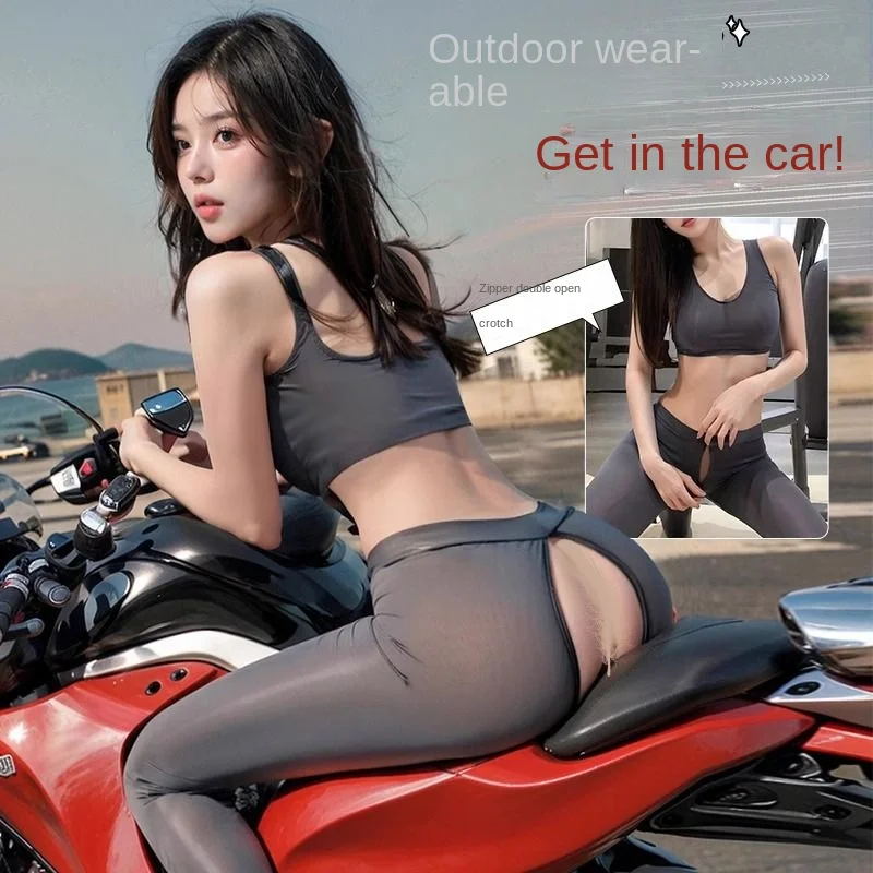 Otvorené rozkroky sexy dámske nohavice ľadové hodvábne joga legíny broskyňové bedra push High Tight Zipper Outdoor Sex Pohara telocvične