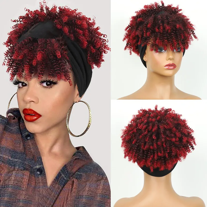 Oucey čelenka parochne pre ženy syntetické vlasy výstredné kučeravé parochne so šatkou prírodná krátka afro kučeravá parochňa pre čiernu ženu falošné vlasy