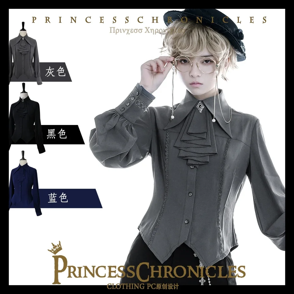 Ouji lolita čierna a modrá vintage lolita Stredoveké lampa rukávy blúzky gotické lolita top sivé tričko od princeznej Chronicles