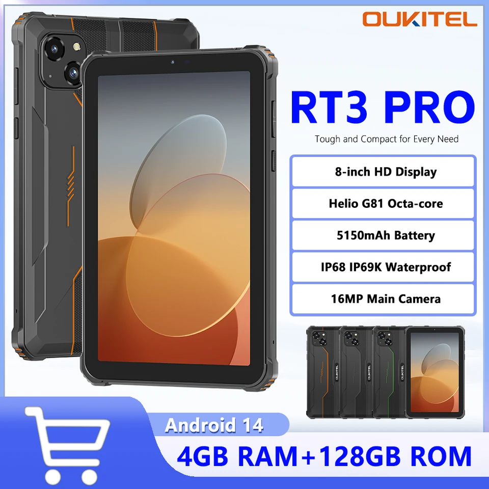 OUKitel RT3 Pro Rugged Tablet 5150 mAh batéria 8-palcový HD displej 4 GB+128 GB MTK G81 Octa-Core 16MP Camera Android 14