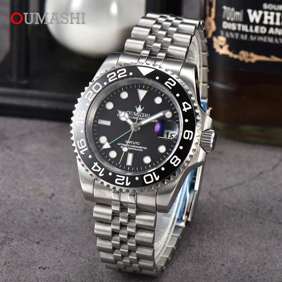 OUMASHI 40 mm luxusný NH34 MOUNTION Pánsky mechanický automatický hodinky Vodotesné hodinky GMT Watch Sapphire Glass Watch Hombre Watchman