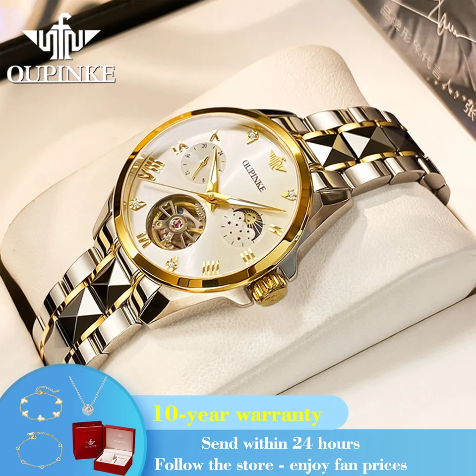 OUPINKE 3202 MOONSWATCH LUXURY Mechanické hodinky pre ženy duté kostrové rímske škála náramky